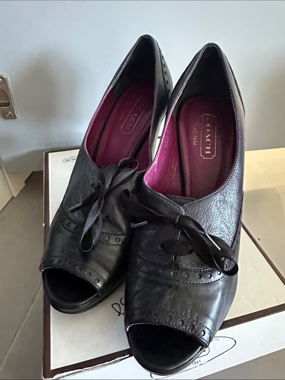Coach Black Leather Peep-Toe Oxford Heels with Magenta Insoles